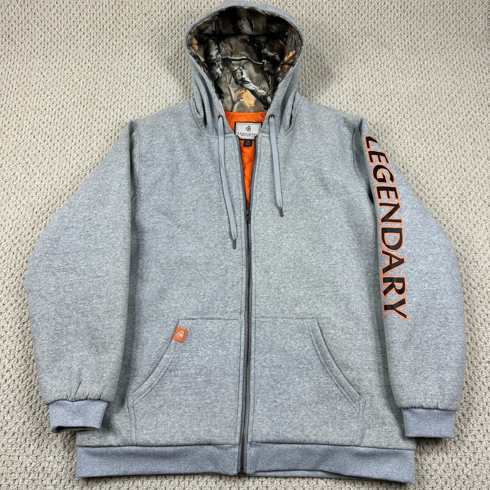Legendary Whitetails Hoodie Mens L Gray Heather Quilted Lined Full Zip Camo Hood